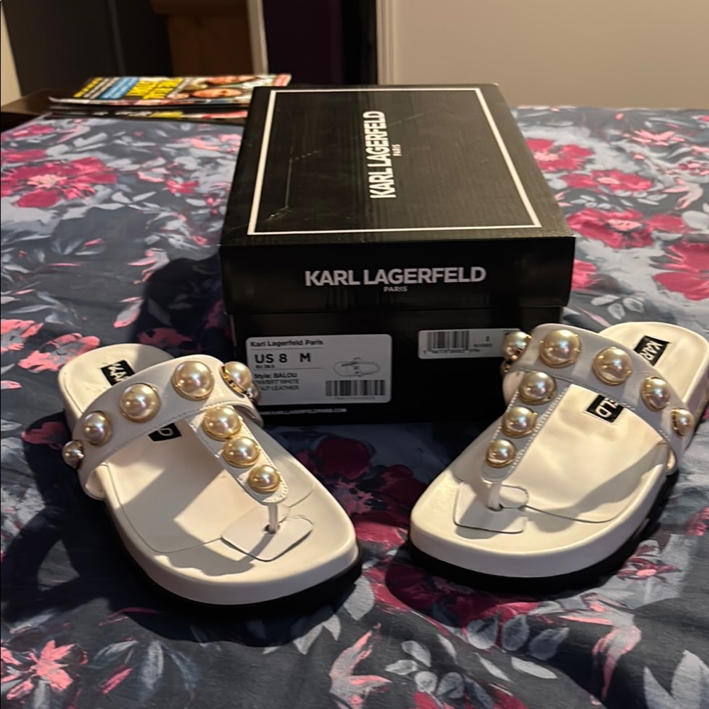 Karl Lagerfeld White Pearl Embellished Sandals BRAND NEW NEVER WORN